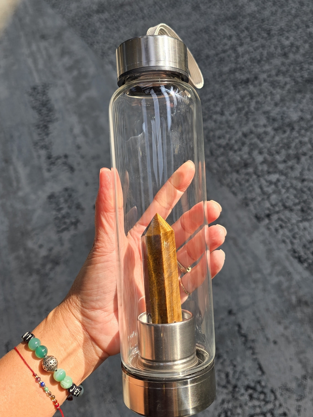 Glass Crystal Infuser Water Bottle with Brown Tiger Eye Point